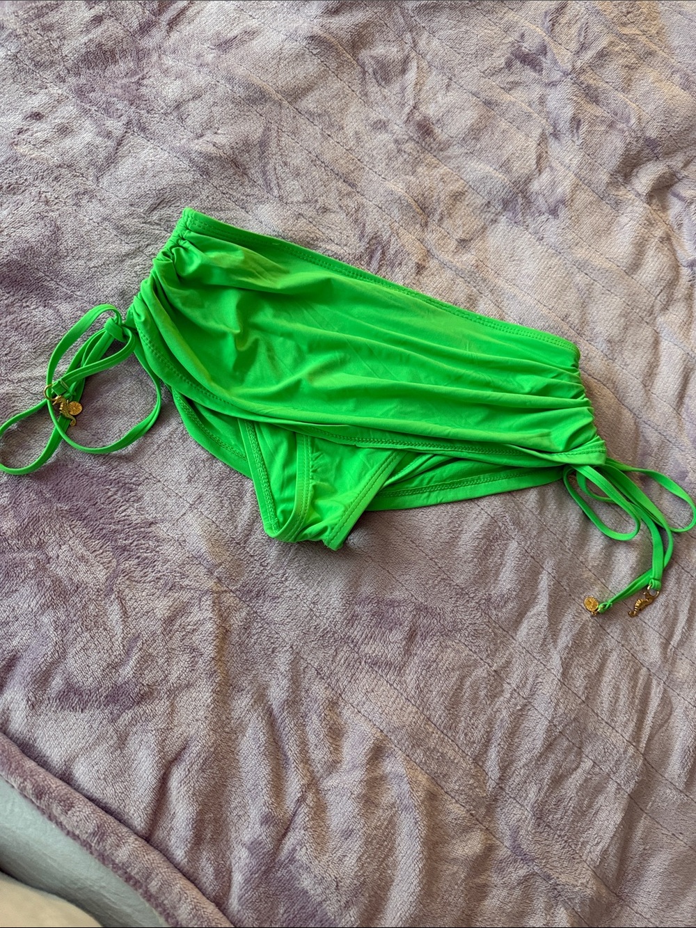 Neon Lime Green Ruched Side-Tie Bikini Bottom micro skirt xs